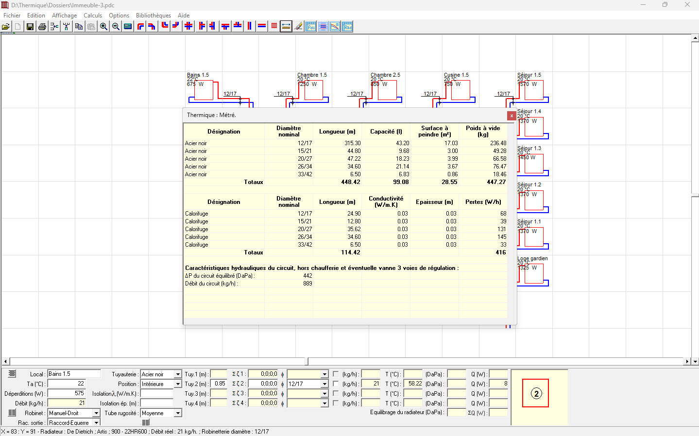 Métré canalisations capacité poids surface pertes de chaleur - logiciel équilibrage